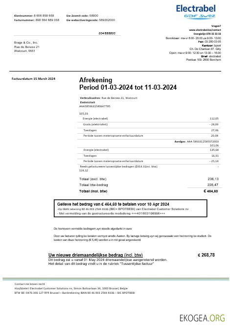 Modèle de facture de services publics d'électricité d'Electrabel en Belgique, entièrement modifiable au format Word et PDF